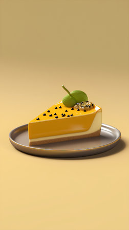 Piece of mango cake with pear and chia seeds on a plate on a yellow background. 3d renderingの素材
