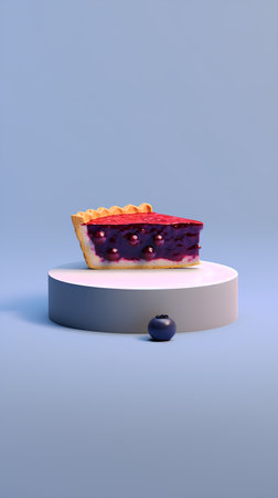 3d render of blueberry cheesecake on white podium with blue backgroundの素材
