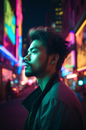 Portrait of a handsome young man with stylish hairstyle in the city at night.の素材
