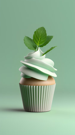 Cupcake with mint leaf on green background. 3d illustrationの素材