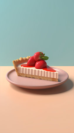 3d render of a strawberry tart on a pink plate with blue backgroundの素材