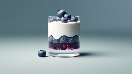 3d illustration of yogurt with blueberries in a glass on gray backgroundの素材