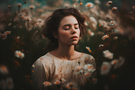 Beautiful young woman in a field of daisies at sunsetの素材