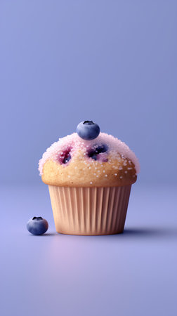 Muffin with blueberries and icing sugar on a blue backgroundの素材