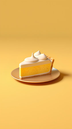 3d render of a piece of cake with cream on a yellow backgroundの素材