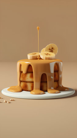 3d rendering of a stack of pancakes with caramel and banana.の素材