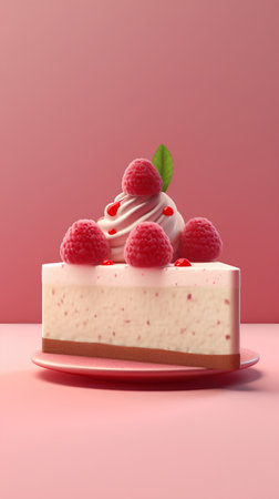 3d render of cheesecake with raspberries on pink backgroundの素材