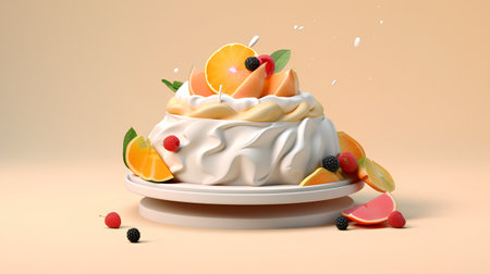 Meringue cake with whipped cream and fruits, 3d illustrationの素材