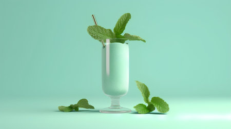 Cocktail with mint in a glass on a green background. 3d renderingの素材