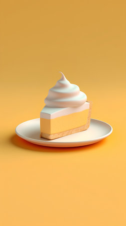 3d rendering of a piece of cake on a plate isolated on yellow backgroundの素材