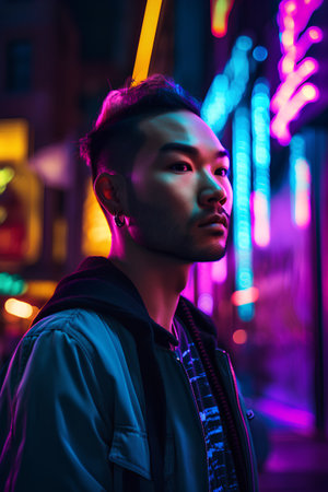 Portrait of a handsome young asian man with trendy hairstyle. Street fashion.の素材