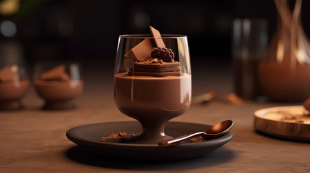 Chocolate mousse in a glass on a dark background. Selective focus.の素材