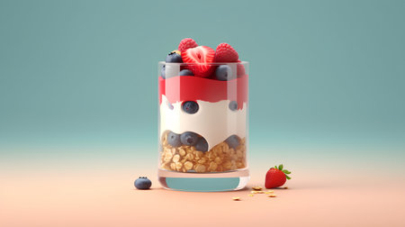Granola with yogurt and berries in a glass. 3d renderingの素材