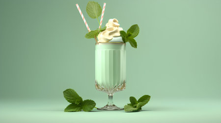 Cocktail with whipped cream and mint leaves in a glass. 3d renderingの素材