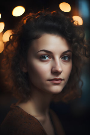 Portrait of beautiful young woman with curly hairstyle and makeup.の素材