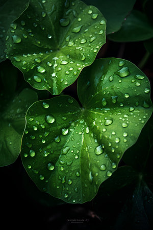 Water drops on green leaves, close up. Nature background with copy space.の素材