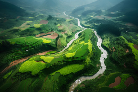 Aerial view of paddy field terraces in Sapa, Vietnamの素材