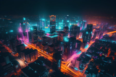 Night view of the city. 3D rendering, 3D illustration.の素材