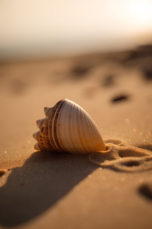 Sea shell on the sand at sunset. Shallow depth of field.の素材
