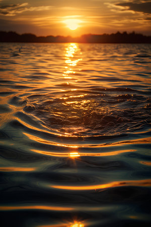 Sunset on the lake with waves and sun reflection. Beautiful natural backgroundの素材