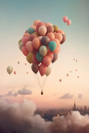 Colorful balloons flying in the sky above the city. 3D renderingの素材