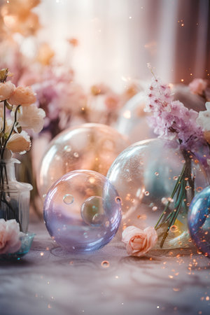 Crystal ball and flowers in vase on light background. Bokeh effectの素材