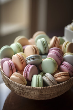 Sweet macaroons in a basket on a wooden table. Selective focus.の素材