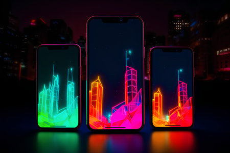 Smartphones with abstract city hologram on the screen. 3d renderingの素材