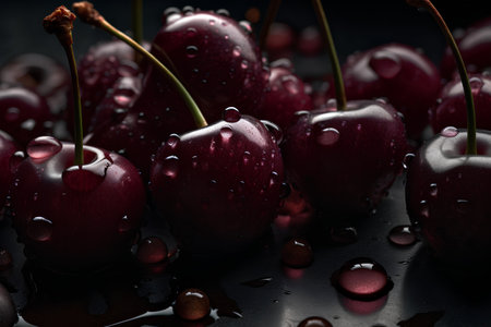 Ripe sweet cherries with water drops on a black background.の素材