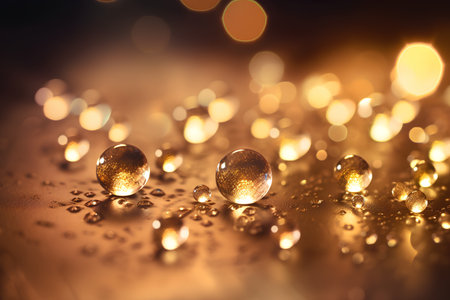 abstract gold bokeh background with water drops, close upの素材