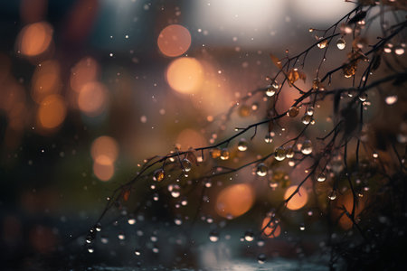 Beautiful bokeh background with raindrops on tree branches.の素材