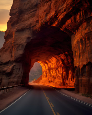 Road through the sandstone tunnel in the Utah desert at sunset.の素材