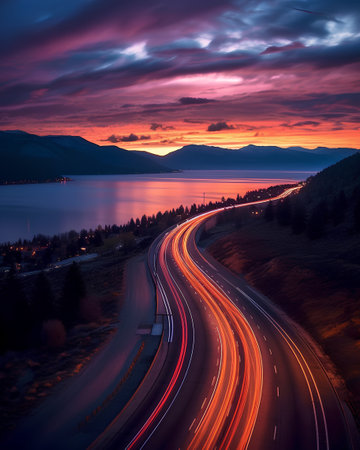 Aerial view of car lights on the road at beautiful sunset.の素材