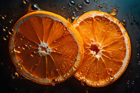 Slices of orange and water drops on a dark background.の素材