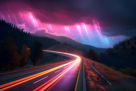 Night road in the mountains with lights of cars. 3d renderingの素材