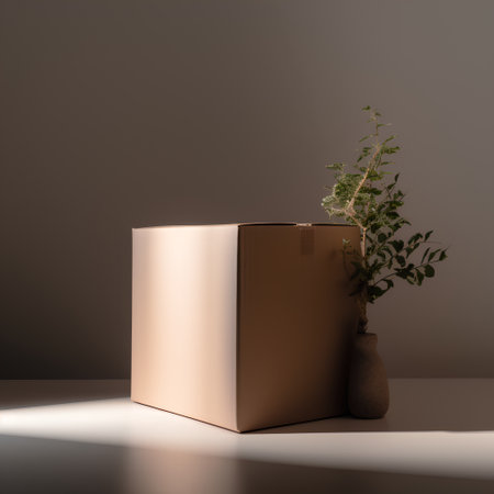 Brown cardboard box with plant in vase on dark background. 3d renderの素材
