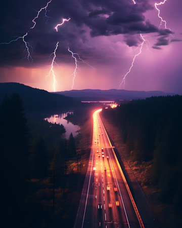 Aerial view of highway at night with lightning in the sky.の素材