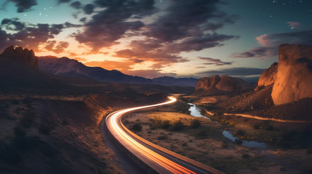 Car lights on the road in the desert at sunset. 3d renderingの素材