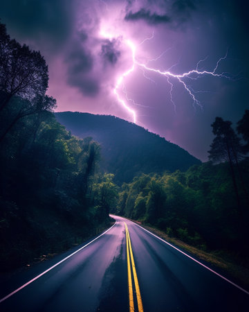 Lightning strikes the road in the mountains in the evening. Long exposure.の素材