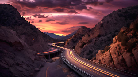 Beautiful sunset over the road in the mountains. 3d renderingの素材