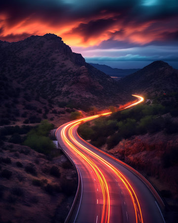 Road with car light trails at sunset in Nevada, United States.の素材