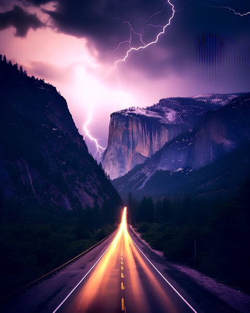 Lightning strikes the road in Zion National Park, Utah, USAの素材