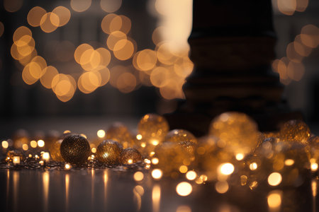 Easter background with golden eggs, blurred lights and copy space.の素材