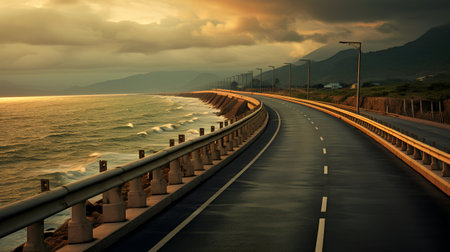 Road to the sea at sunset. Concept of travel and vacation.の素材