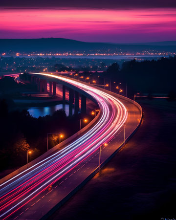 Aerial view of highway in the evening with colorful lights. Car lights on the road.の素材
