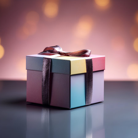 Gift box with ribbon and bow on bokeh background.の素材