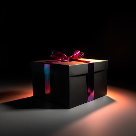 Gift box with ribbon on black background. 3D rendering.の素材
