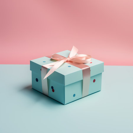Blue gift box with pink bow on pastel background. 3d renderの素材