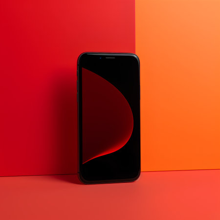 Smartphone with blank screen on red and orange background. 3d renderの素材
