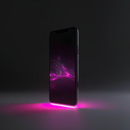 Smartphone with glowing neon screen on dark background. 3D Renderingの素材